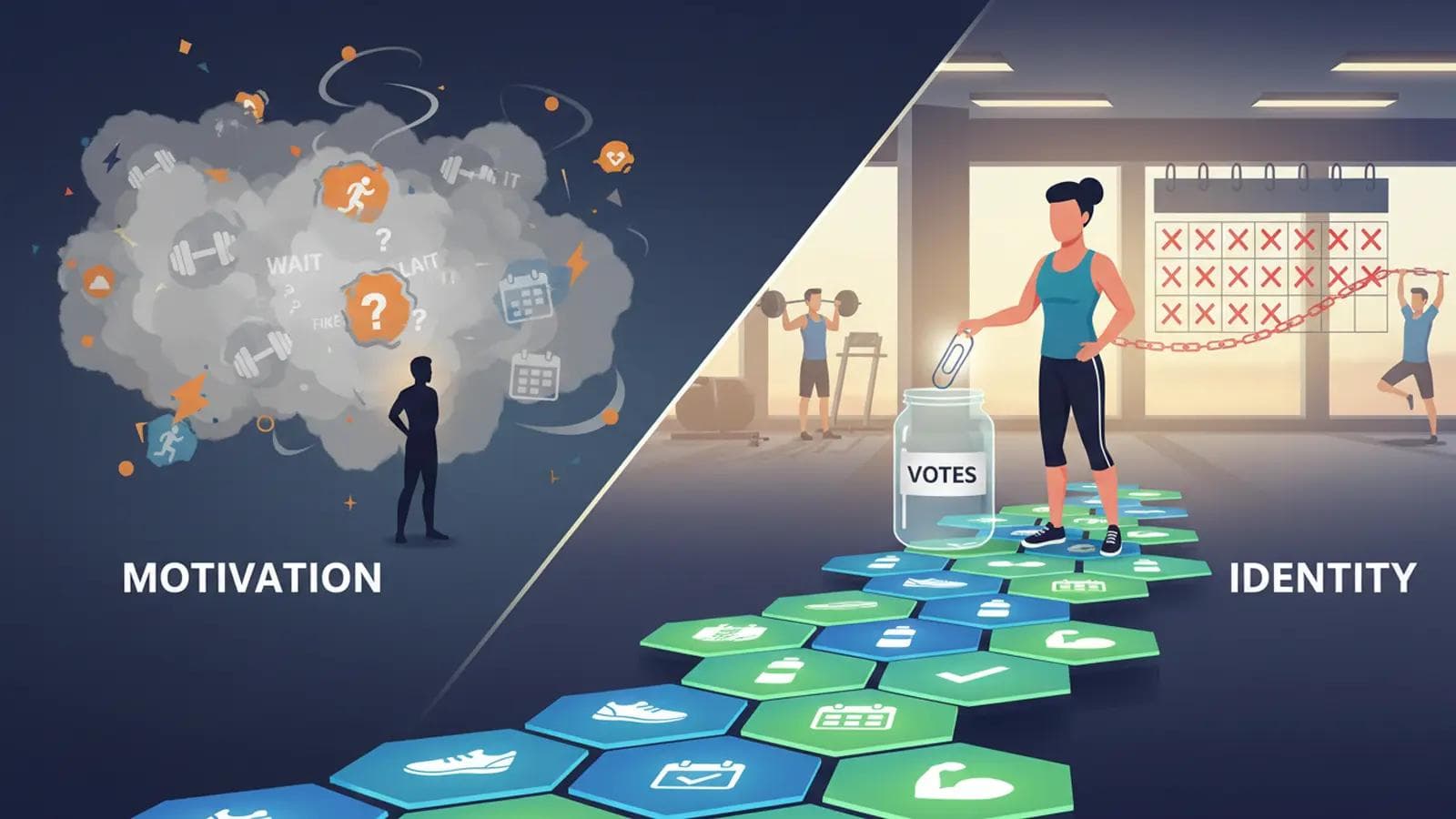 Workout Consistency: How to Build an Identity-Based Fitness Habit Comparison of fleeting motivation represented by a cloud versus identity-based habits shown as a clear path of actions.
