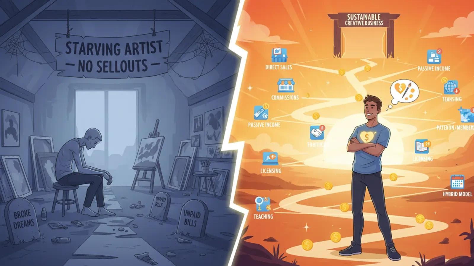 7 Proven Ways to Monetize Art Ethically Illustration showing the balance between creative integrity and building a sustainable art business.