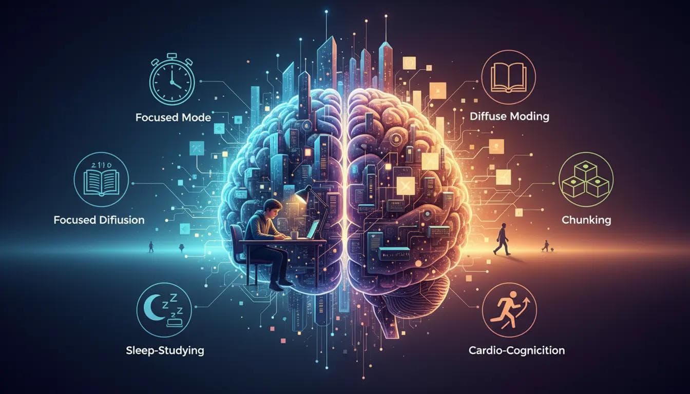 Proven Neuroscience of Learning: Brain Hacks Digital art showing a human brain split into two halves, illustrating the contrast between focused learning and diffuse learning modes.