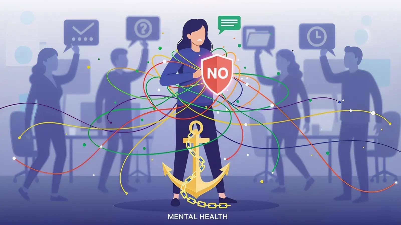 How to Say No Politely and Start Setting Boundaries at Work A woman tangled in colorful ropes holds a "NO" shield, facing constant requests, with an anchor at her feet symbolizing mental health.