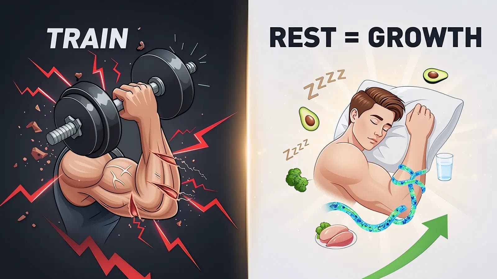 How Muscles Grow: Why Rest Is Your Secret Weapon Visual contrast showing muscle breakdown during training and muscle growth during rest, emphasizing supercompensation.