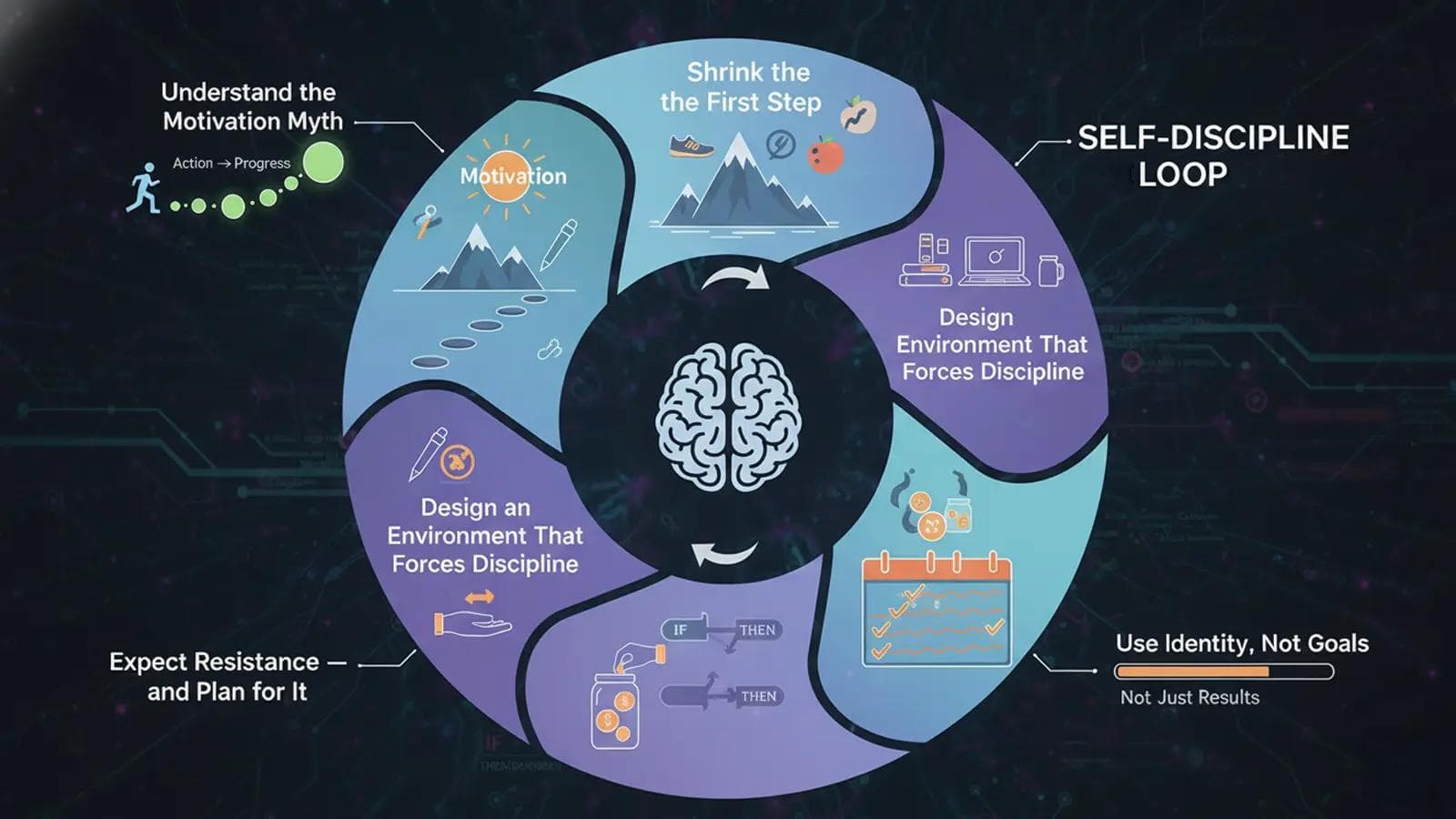 How to Build Self Discipline: The Loop for Lasting Motivation A visual of the Self-Discipline Loop showing stages from understanding motivation to planning for resistance and growth.