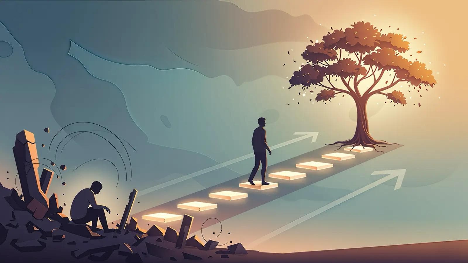 5 Proven Resilience Strategies to Bounce Back A person walks a glowing path toward a strong tree, leaving ruins behind—symbolizing renewed confidence and recovery from failure.