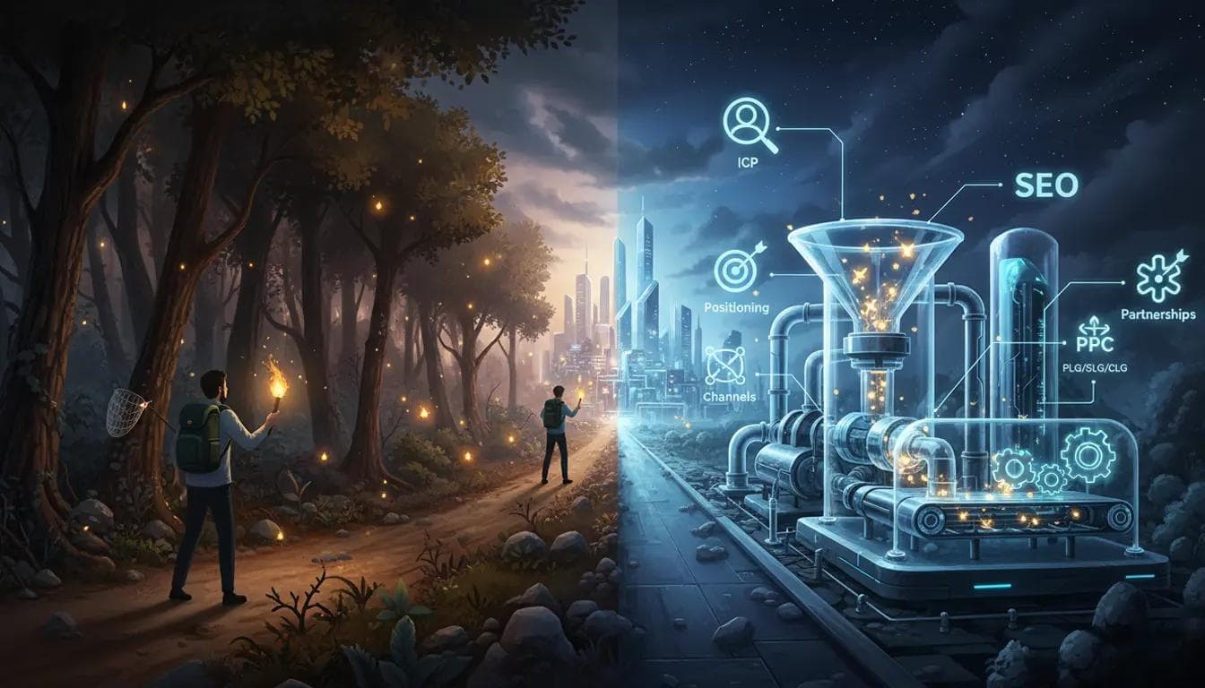 The 10-to-1000 Guide: Go-to-Market Strategy Template A man catching fireflies in a dark forest transforming into a glowing futuristic go-to-market machine powering a GTM engine.