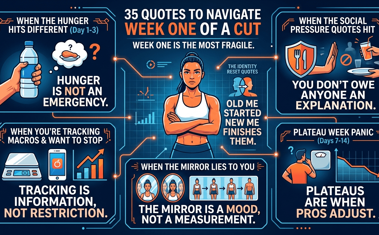 35 Proven Cutting Motivation Quotes | Stay Focused A cinematic still of a fit woman, post-workout in her kitchen at dawn, holding a water bottle and looking determined at a digital body scale that reads "WEEK 1 - TRUST THE MATH." She wears navy activewear. The blurred background shows a wall with two framed motivational quotes: "YOUR BODY IS A PASSENGER, YOU ARE THE DRIVER" and "DISCIPLINE WEIGHS OUNCES. REGRET WEIGHS TONS." and a clean kitchen with fresh fruit and a notepad.