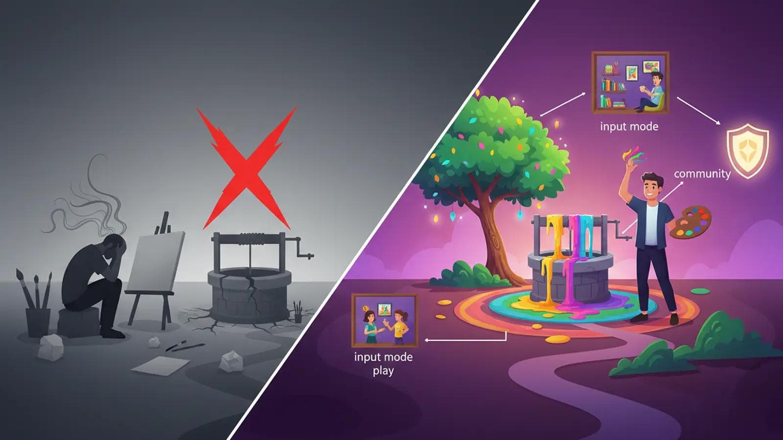 Creative Burnout? 7 Proven Steps to Recover Your Spark Comparison between an artist in burnout by a dry well and a vibrant creator filling their well through play and community.