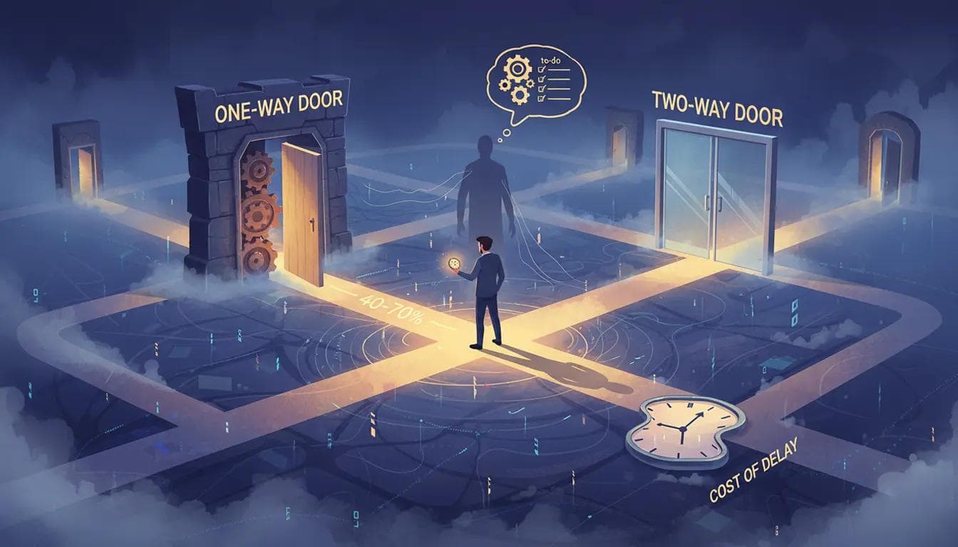 5 Essential Decision Making Frameworks for Leaders A businessman at a crossroads choosing between one-way and two-way doors symbolizing important strategic business decisions.