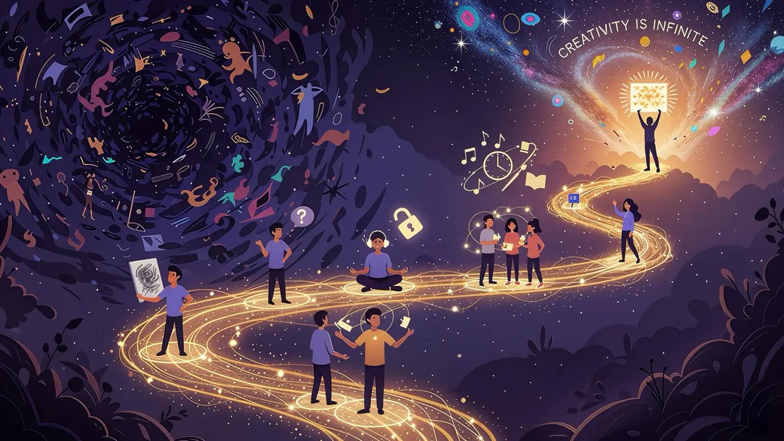 Silencing the Inner Critic: A Proven Guide to Confidence A vibrant digital artwork shows diverse individuals overcoming self-doubt and building creative confidence, finding inspiration along the way.
