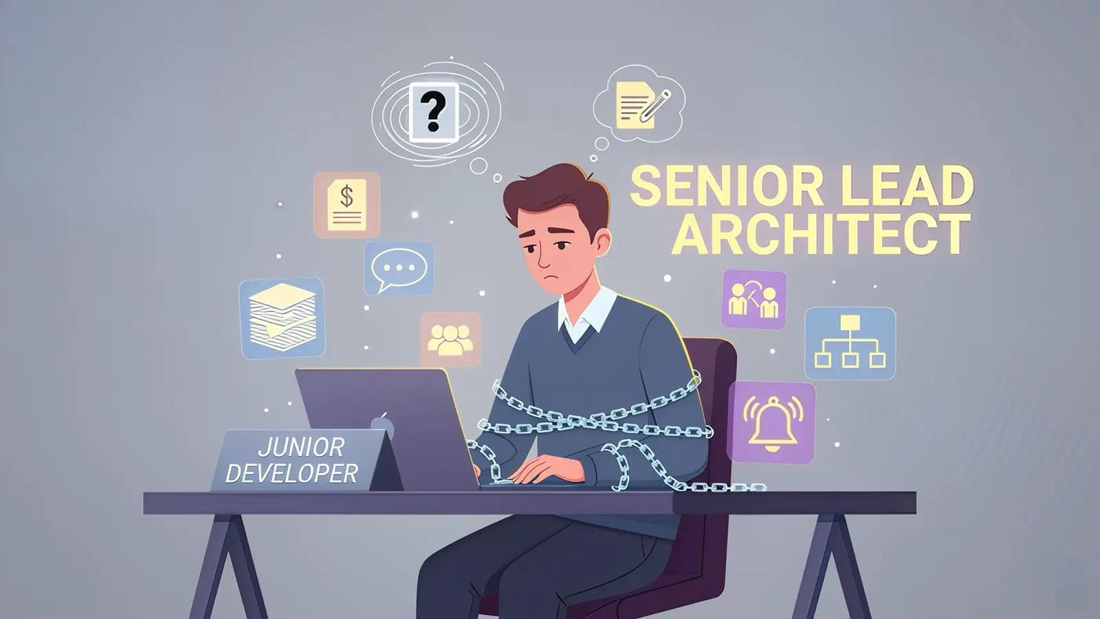 What is a Quiet Promotion? Signs You Are Underpaid Man chained to desk as Junior Developer, surrounded by senior tasks, with 'Senior Lead Architect' title above.