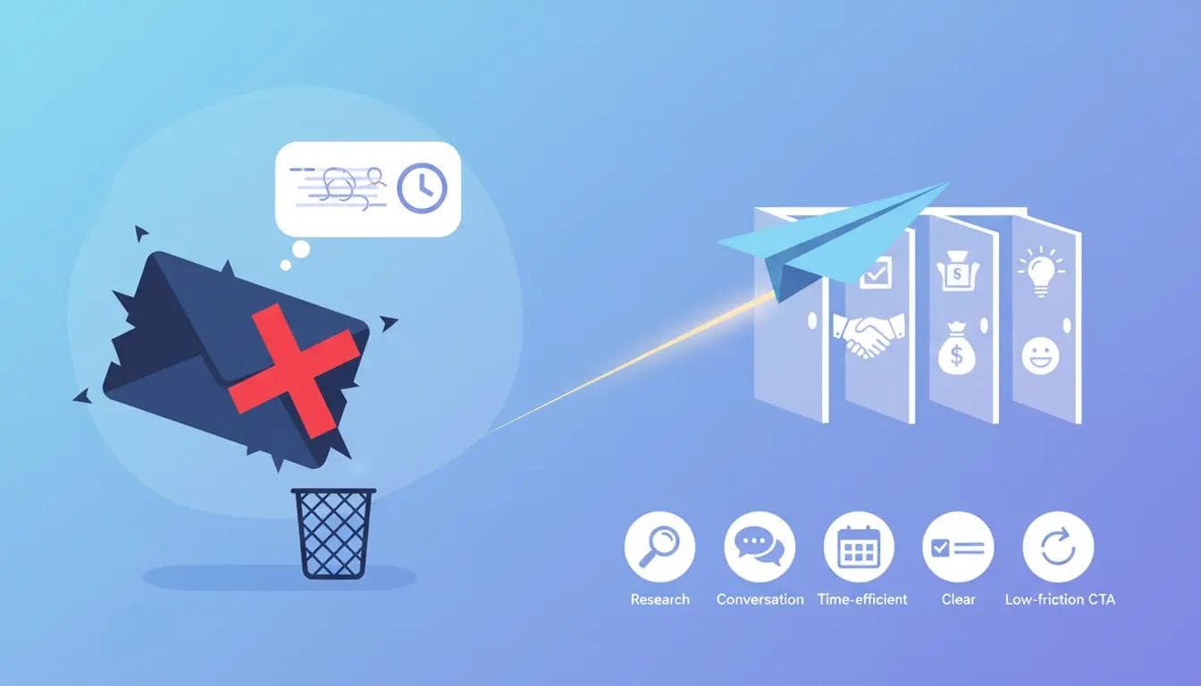 Proven Cold Email Templates That Get Replies Visual contrasting bad cold emails (deleted envelope) with effective ones (paper plane opening doors to opportunities).
