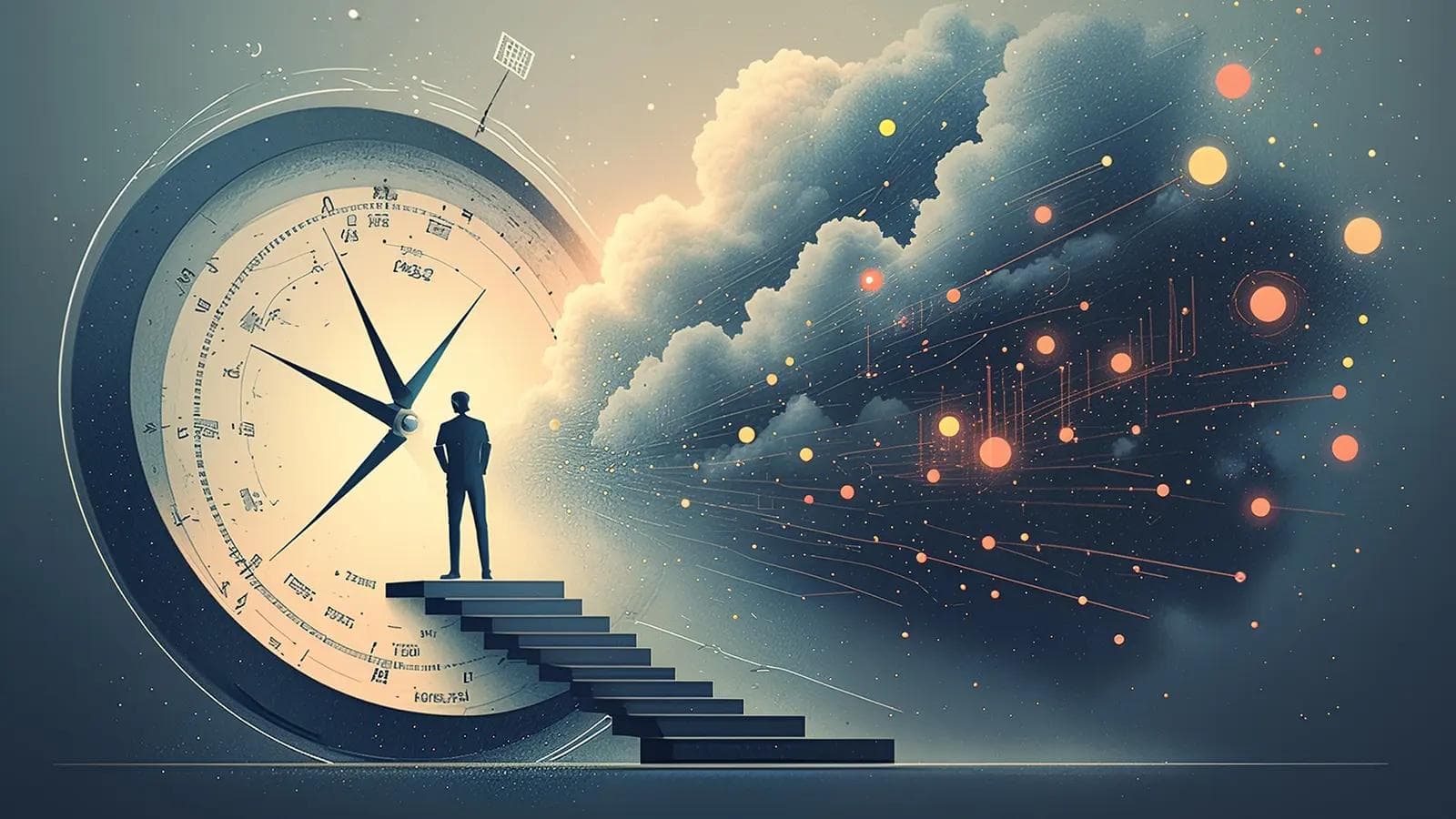 The Fear of Failure: Why It's Your Biggest Asset as an Entrepreneur Symbolic image: Entrepreneur uses fear as a compass (stairs leading towards clock/compass) to navigate the journey towards data, learning, and future opportunities (ethereal cloud).