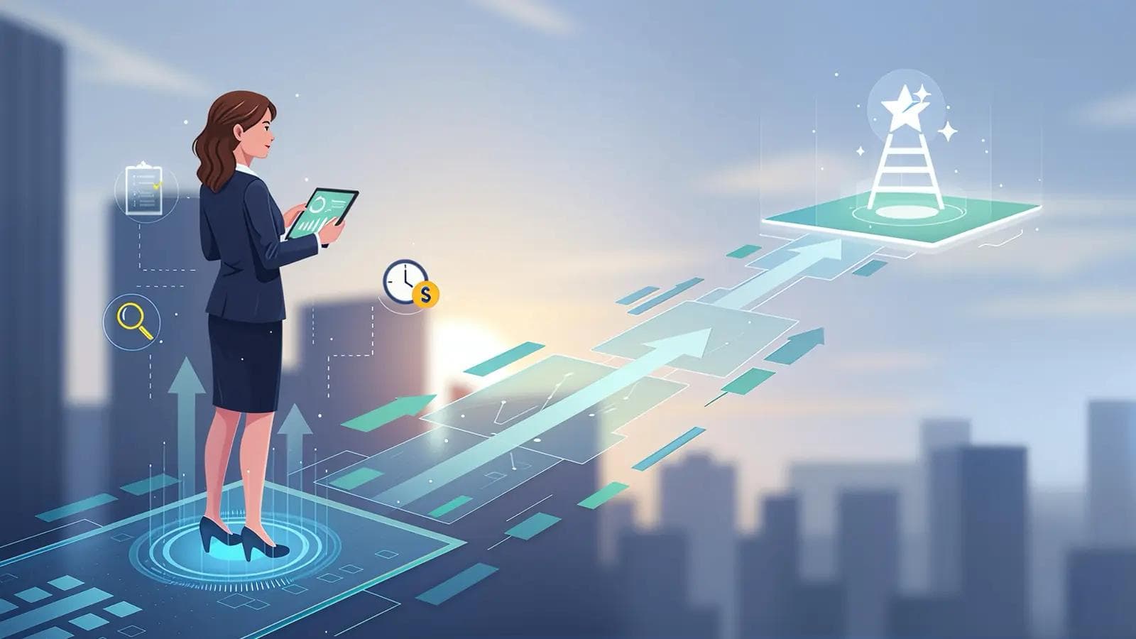 Proven Career Advancement Strategies to Get Promoted A businesswoman stands on a growth path, looking toward a promotion ladder, symbolizing career advancement and strategy.