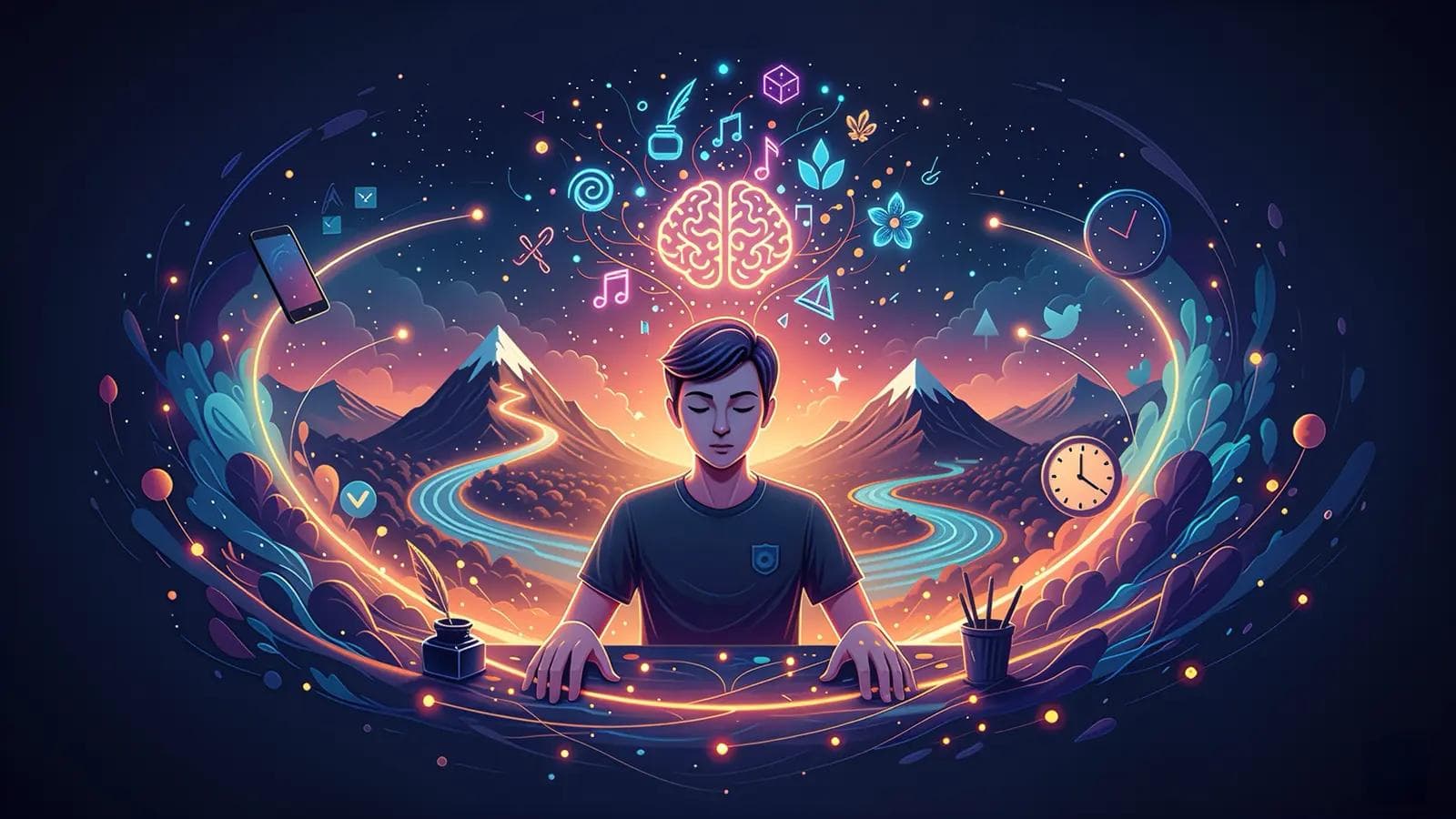 Flow State: The Proven 5-Step Guide to Ultimate Focus A person meditates at a desk, surrounded by creative symbols and nature, representing deep focus and the flow state.