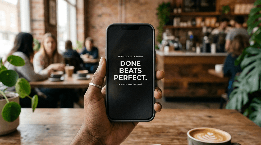 60 Short Motivational Quotes for Your Lock Screen (1-Line Versions That Actually Fit) A person holding a smartphone displaying the motivational quote “Done beats perfect” in a cozy coffee shop setting.